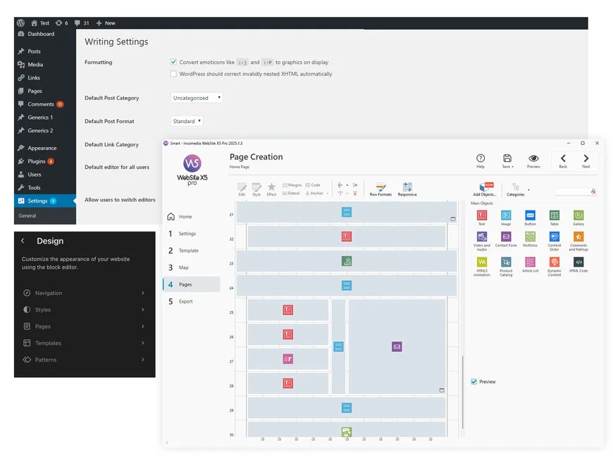 Vergleich zwischen dem WordPress-Editor und der visuellen Oberfläche von WebSite X5