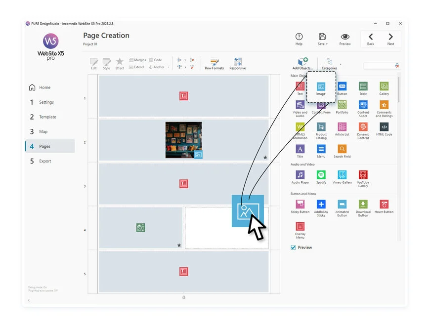 Visuelle Oberfläche von WebSite X5 zur Erstellung von Webseiten per Drag & Drop