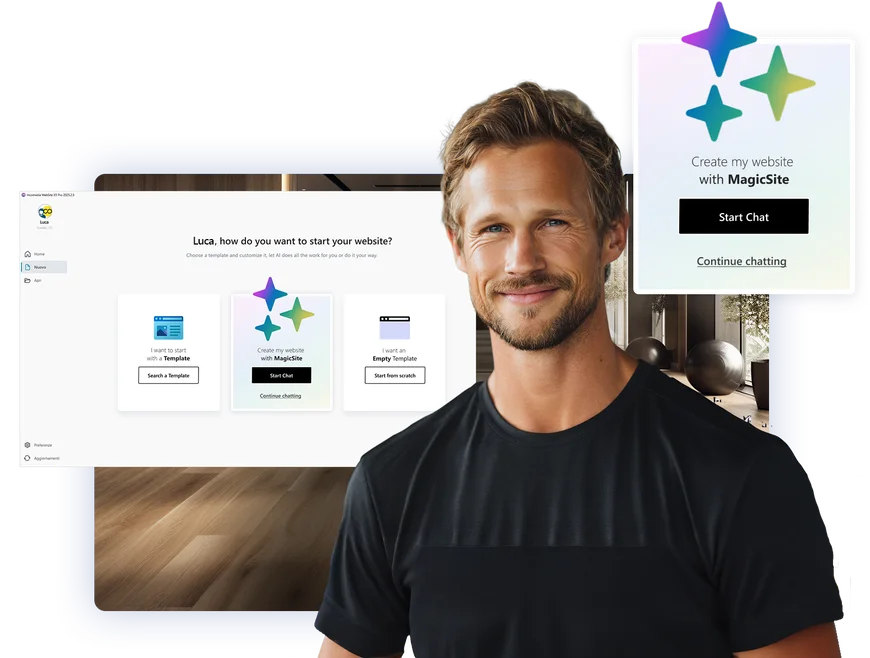 Simulation 2: Lukas, ein erfahrener Personal Trainer, neben der MagicSite-Oberfläche, während er das Gespräch zur Erstellung seiner Website beginnt.