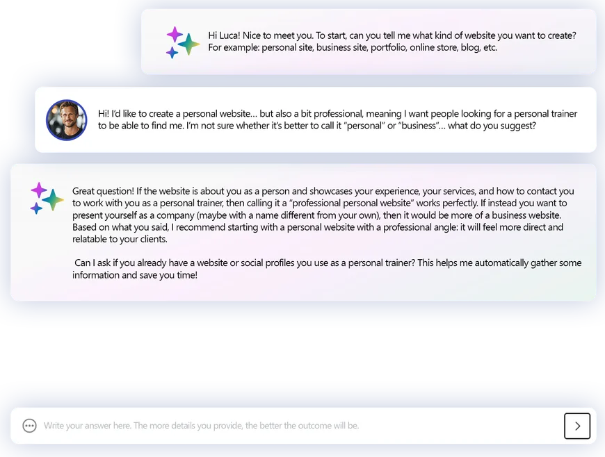 Auszug aus Lukas Chat mit MagicSite, in dem er fragt, ob eine persönliche oder professionelle Website für sein Personal-Training-Geschäft besser ist.