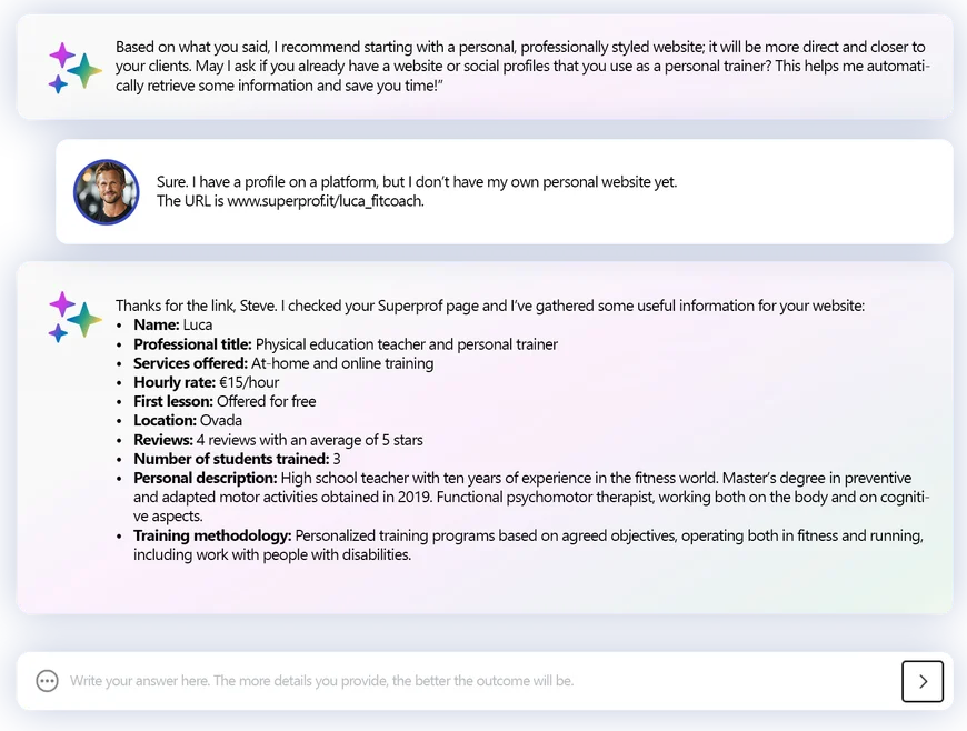 Screenshot der MagicSite-Oberfläche, der die Analyse von Lukas beruflichem Profil bestätigt, um Inhalte und Struktur der Website anzupassen.