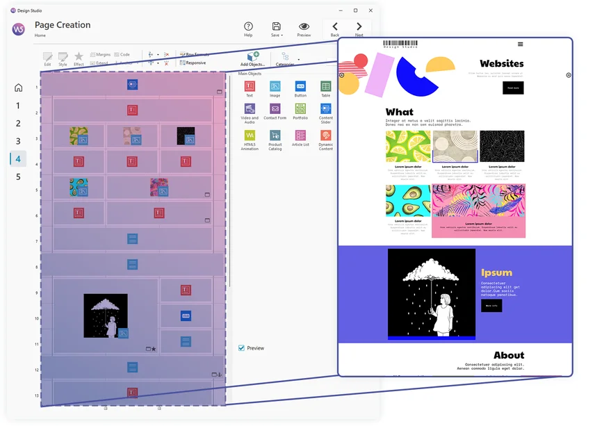 WebSite X5-Oberfläche im Vergleich mit der neuen Startseite einer Website nach dem Relaunch