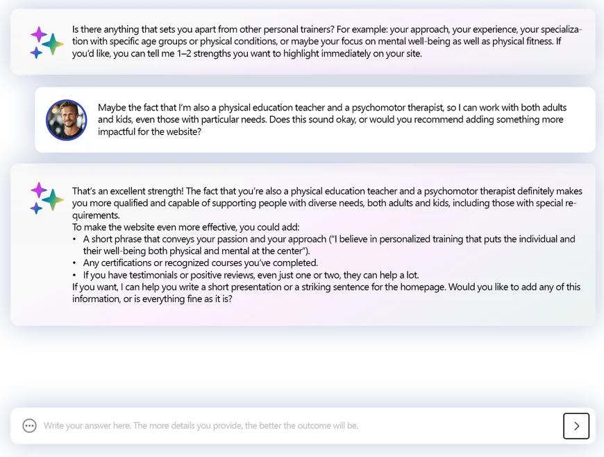 Auszug aus Lukas Chat mit MagicSite, in dem sie zusammenarbeiten, um einen prägnanten Satz für die Startseite der Website zu erstellen.