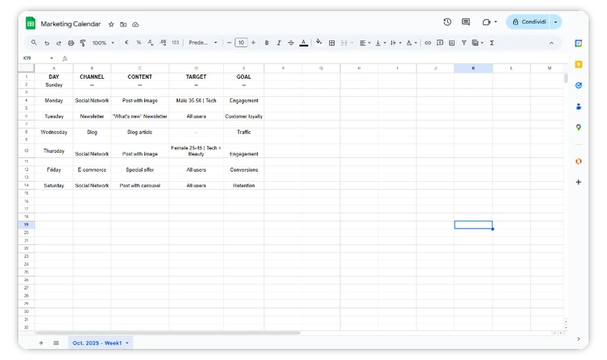 Wöchentlicher Marketing-Kalender mit ausgefüllten Inhalten für Social Media, Blog und Newsletter
