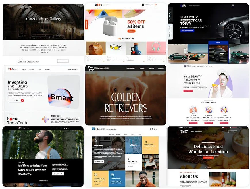 Beispiele von Websites, die mit WebSite X5 erstellt werden können: Blog, Portfolio, E-Commerce, Unternehmenswebsite, Schulwebsite und Präsentationsseiten für Vereine. 