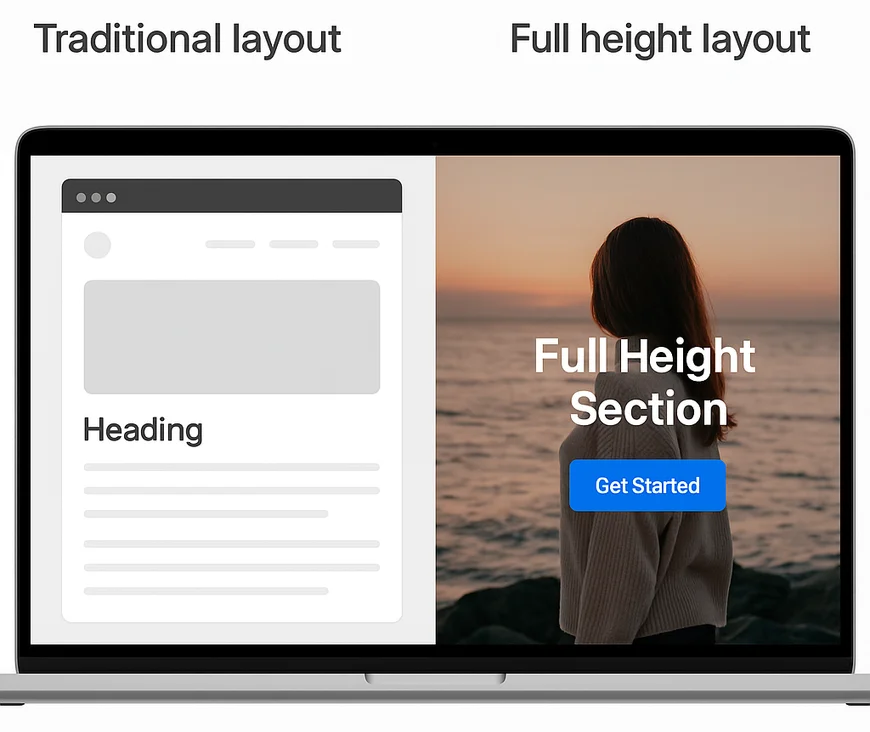 Vergleich zwischen traditionellem Weblayout und Full-Height-Sektion in voller Höhe