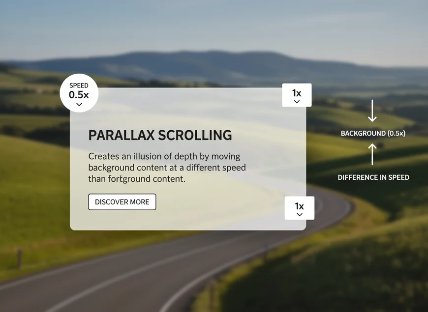 Hero-Bereich mit fotografischem Parallax-Hintergrund (0,5×) und Vordergrundinhalt (1×)