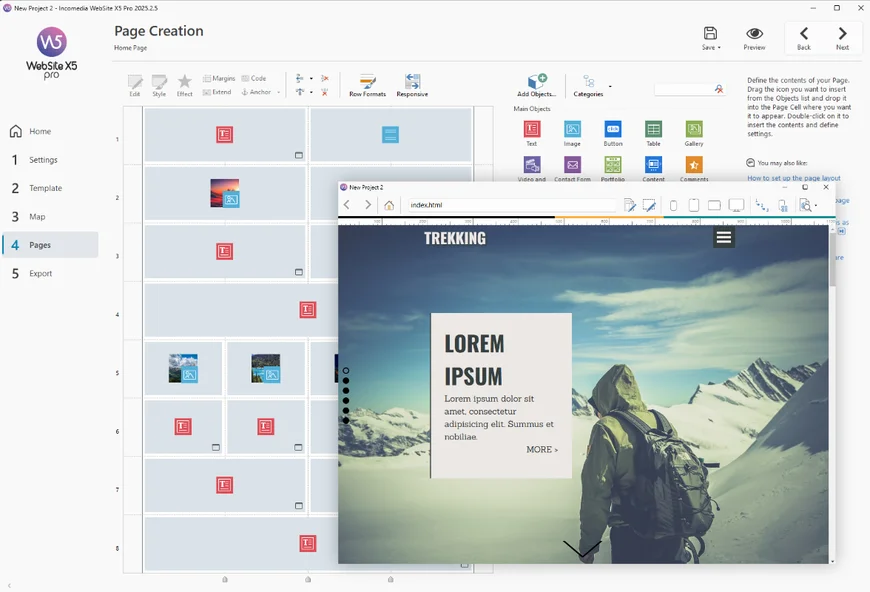 WebSite X5 Oberfläche mit aktivierter Full-Height-Option und fertigem Online-Seitenergebnis