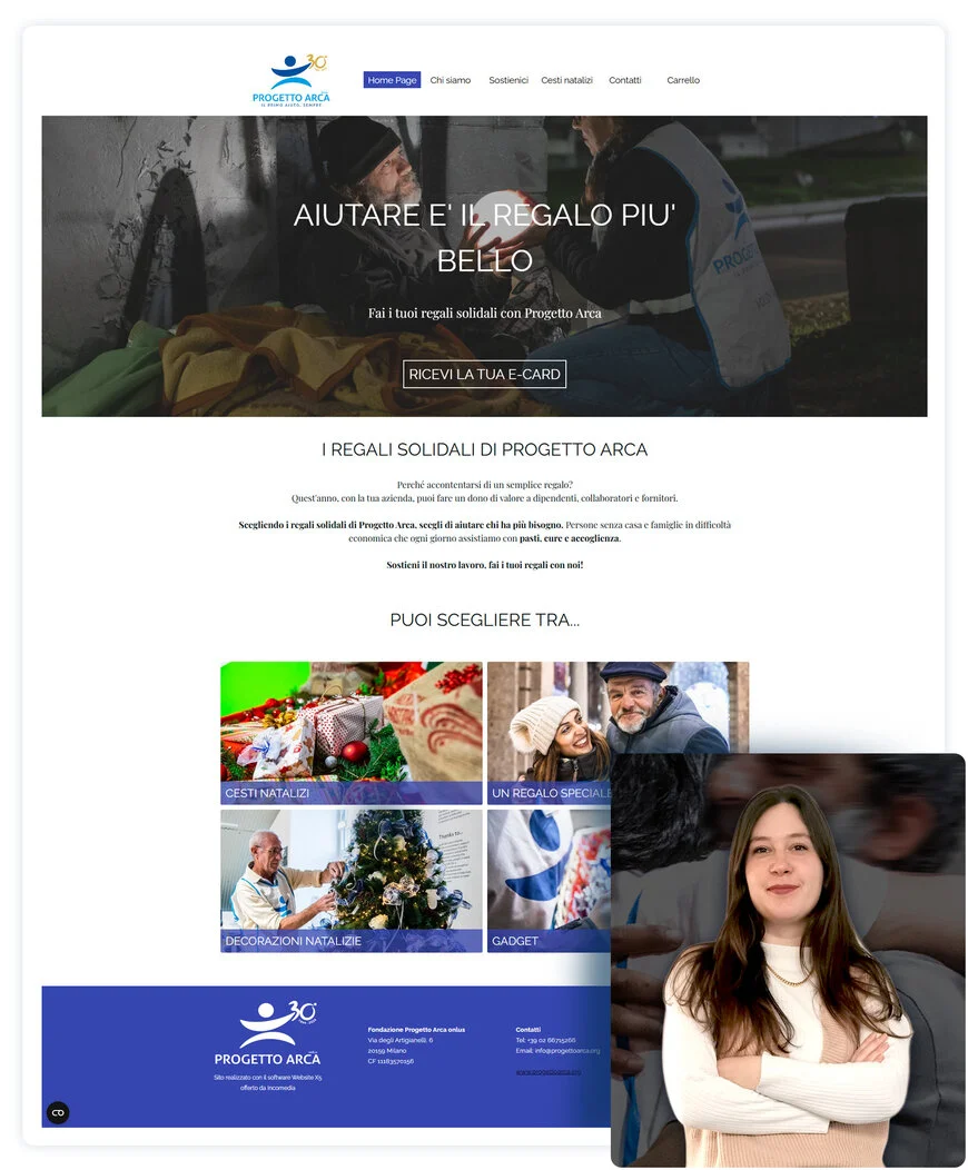 Konkretes Beispiel für die Erstellung einer Website für einen Verein: Marta Etrelli von der Stiftung „Fondazione Progetto Arca“ und die Startseite des mit WebSite X5 erstellten solidarischen Onlineshop