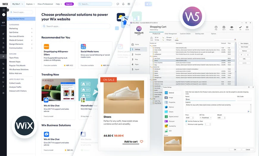 Onlineshop: WebSite X5 mit integrierten Funktionen vs. Wix mit externen Apps