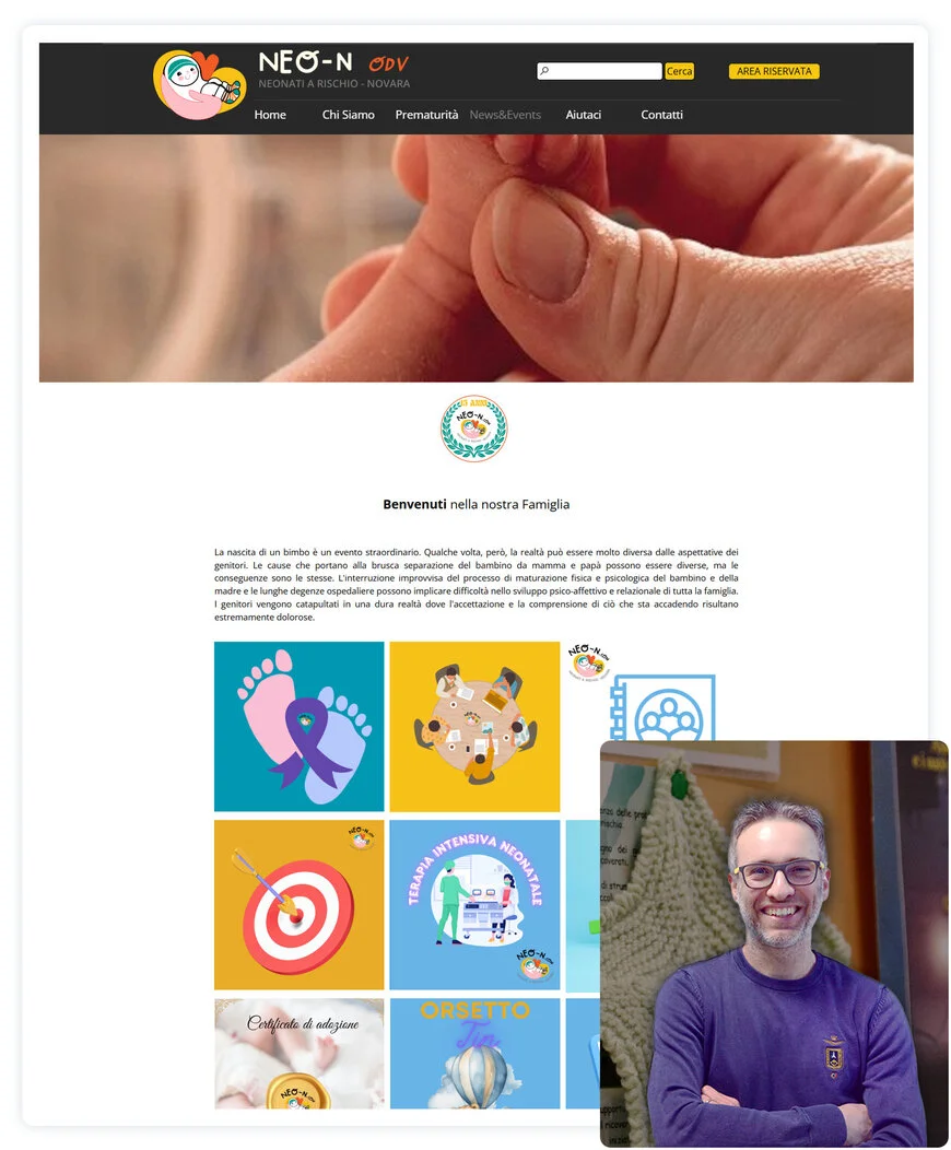 Riccardo Bianco, ehrenamtlicher Mitarbeiter des Vereins Neo-n, und die Startseite der mit WebSite X5 erstellten Website