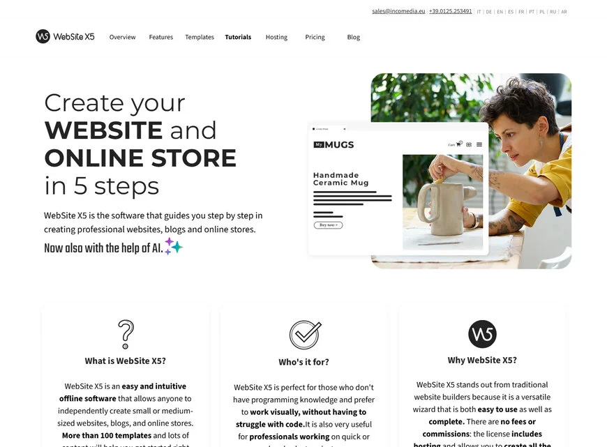 Offizielle Startseite von WebSite X5, einer italienischen Software zur Erstellung professioneller Websites ohne Programmierkenntnisse oder Abonnements. 