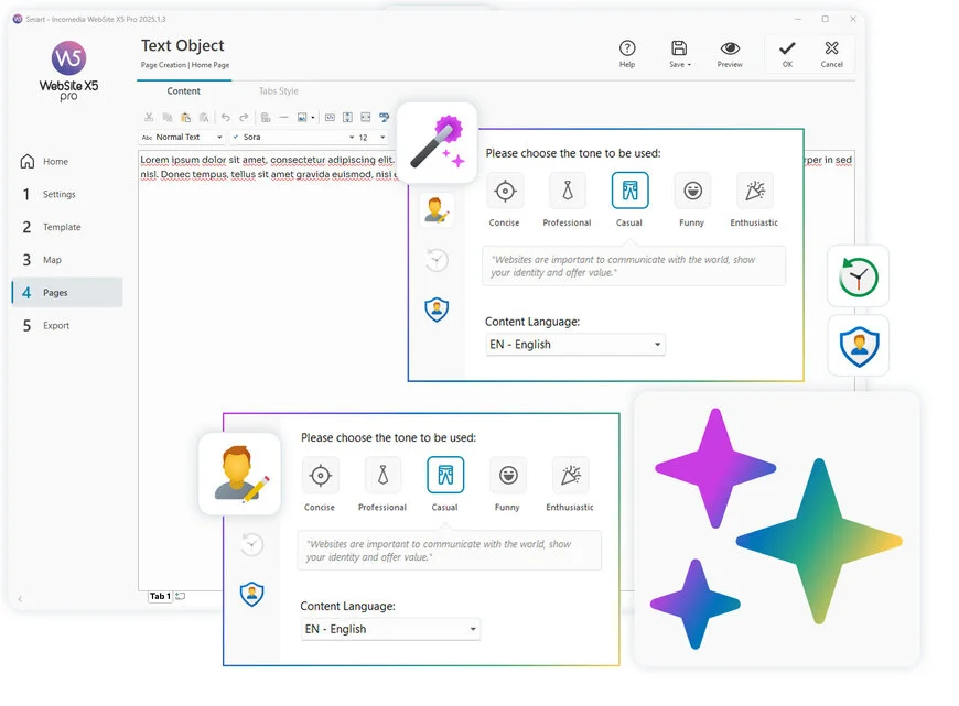 WebSite X5-Oberfläche mit MagicText, dem KI-Tool zur Erstellung optimierter Texte und Beschreibungen für Websites. 