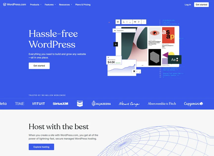 Offizielle Startseite von WordPress.com, einer Plattform zur Erstellung von Websites und Blogs ohne externes Hosting. 